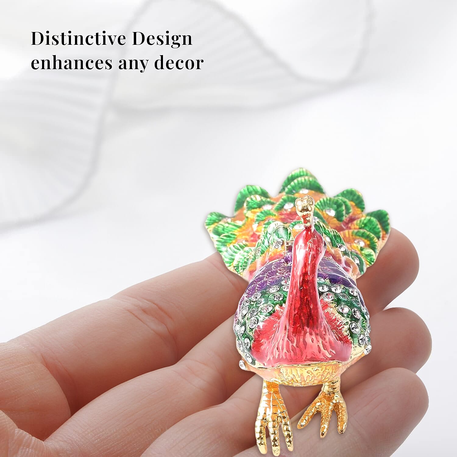 Livmore White Austrian Crystal, Enameled Peacock Trinket Box in Goldtone