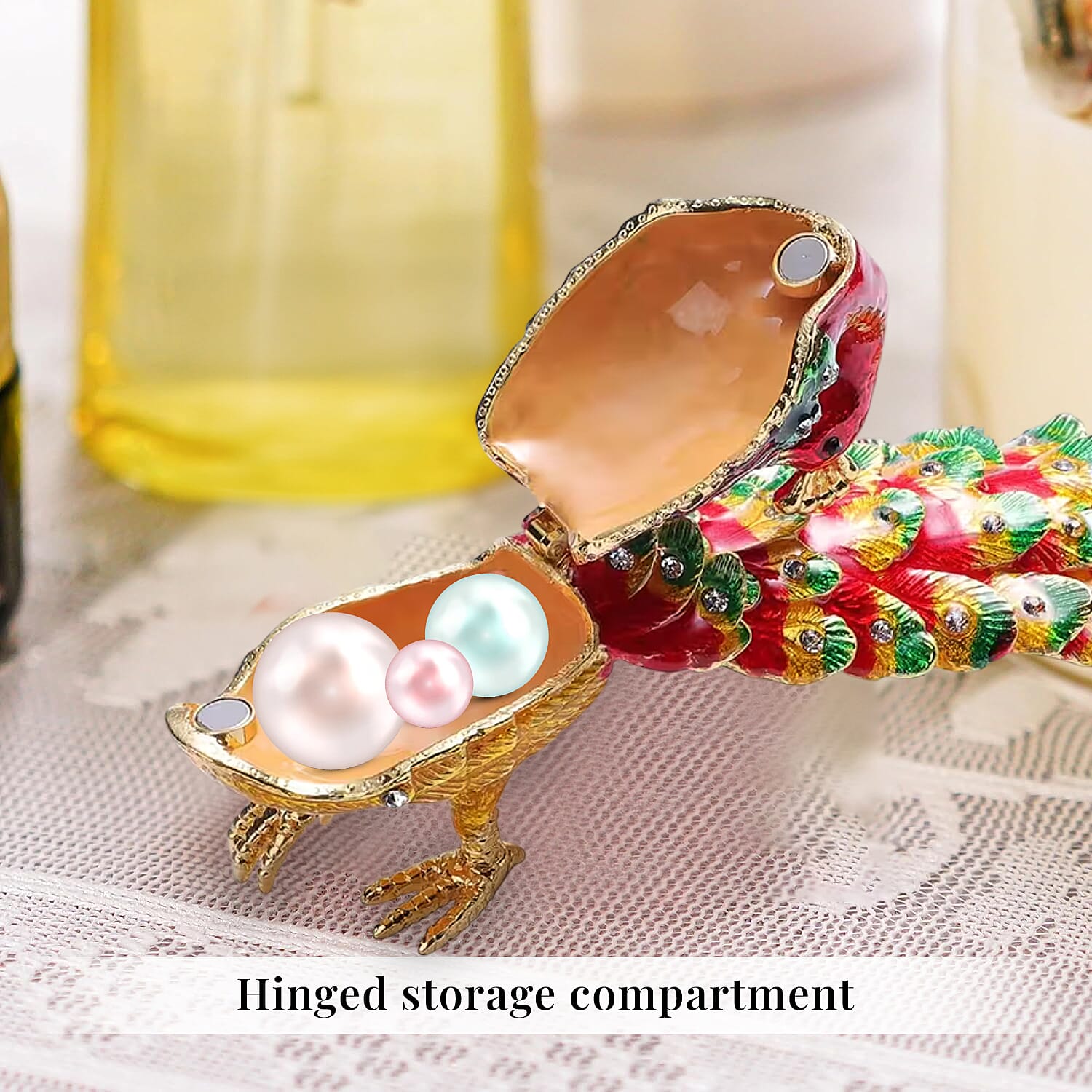 Livmore White Austrian Crystal, Enameled Peacock Trinket Box in Goldtone