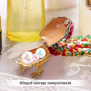 Livmore White Austrian Crystal, Enameled Peacock Trinket Box in Goldtone