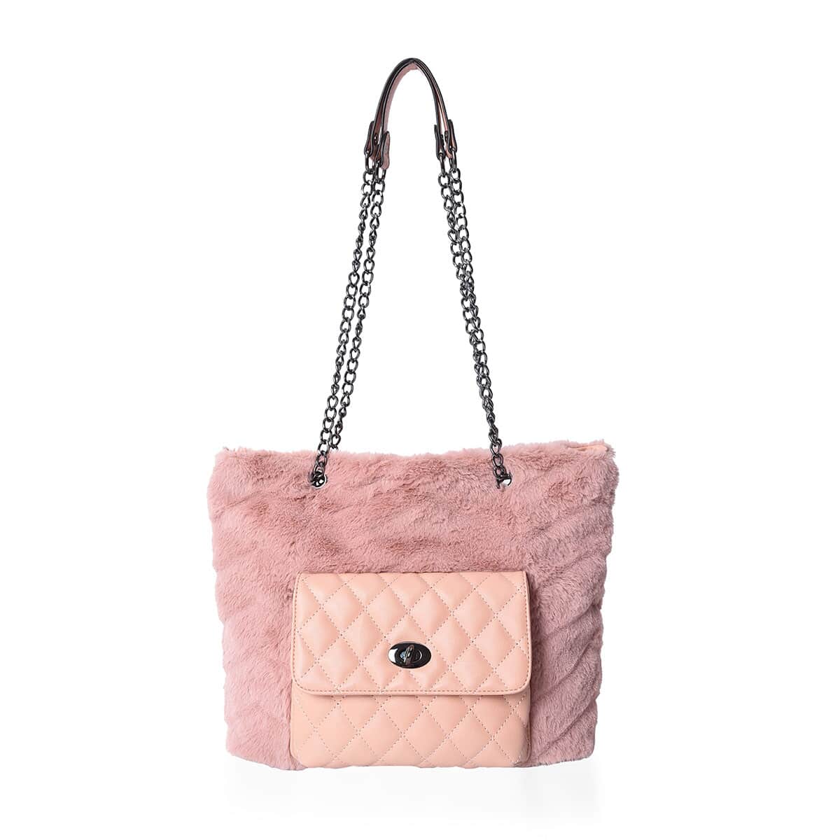 Blush Faux Fur & Faux Leather Quilted Pattern Tote Bag with Chain Straps image number 0
