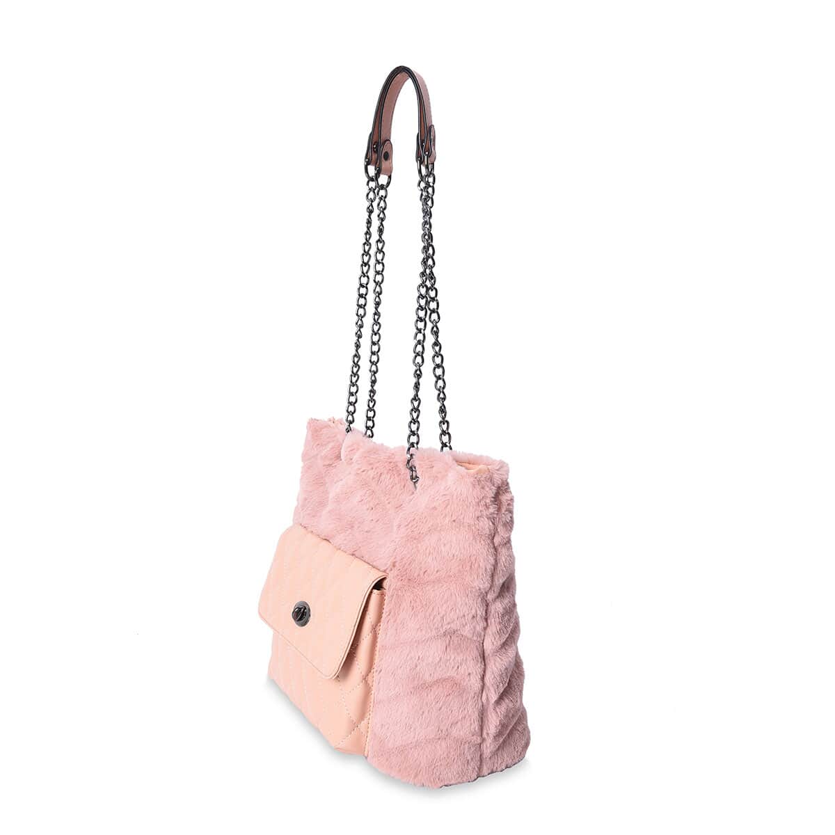 Blush Faux Fur & Faux Leather Quilted Pattern Tote Bag with Chain Straps image number 1