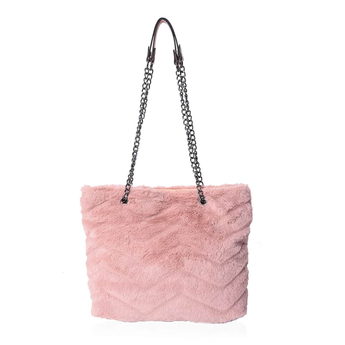 Blush Faux Fur & Faux Leather Quilted Pattern Tote Bag with Chain Straps image number 2