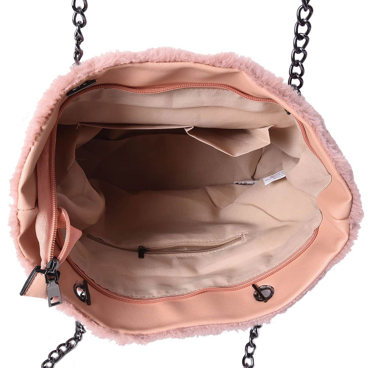 Blush Faux Fur & Faux Leather Quilted Pattern Tote Bag with Chain Straps image number 3