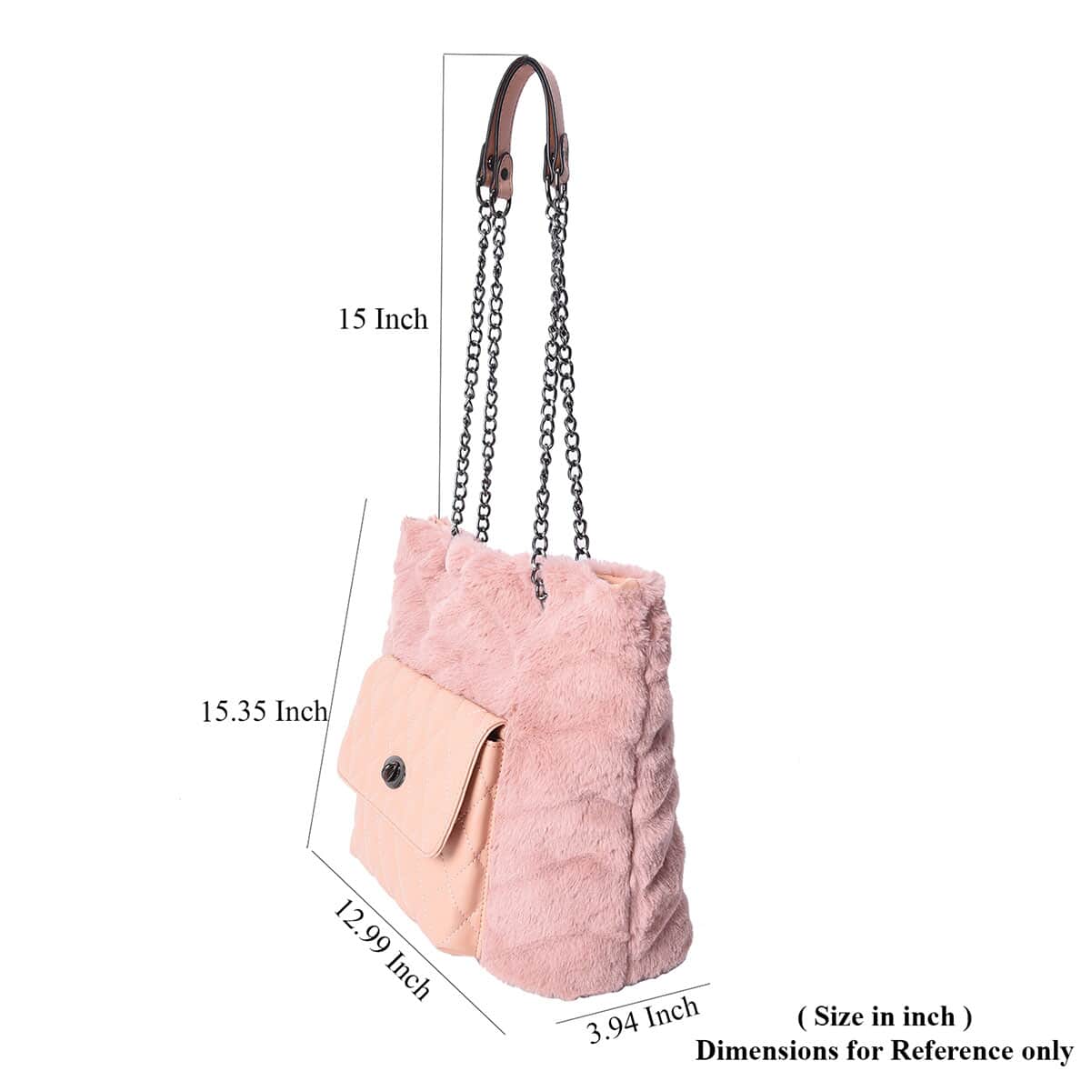 Blush Faux Fur & Faux Leather Quilted Pattern Tote Bag with Chain Straps image number 4