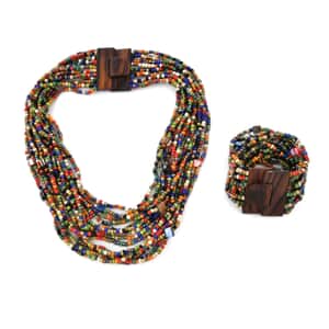 Multi Seed Bead Layered Necklace  (18 Inches), Wooden Buckle Stretch Bracelet