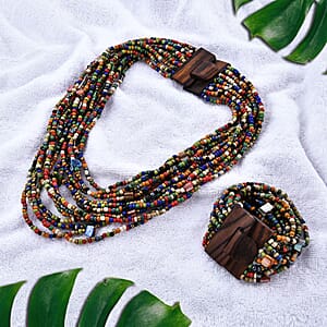 Multi Seed Bead Layered Necklace  (18 Inches), Wooden Buckle Stretch Bracelet