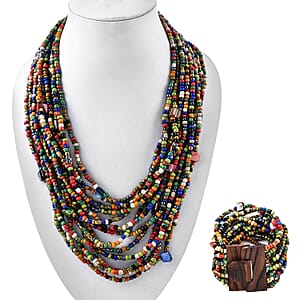 Multi Seed Bead Layered Necklace  (18 Inches), Wooden Buckle Stretch Bracelet