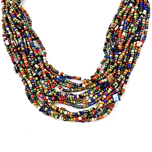 Multi Seed Bead Layered Necklace  (18 Inches), Wooden Buckle Stretch Bracelet
