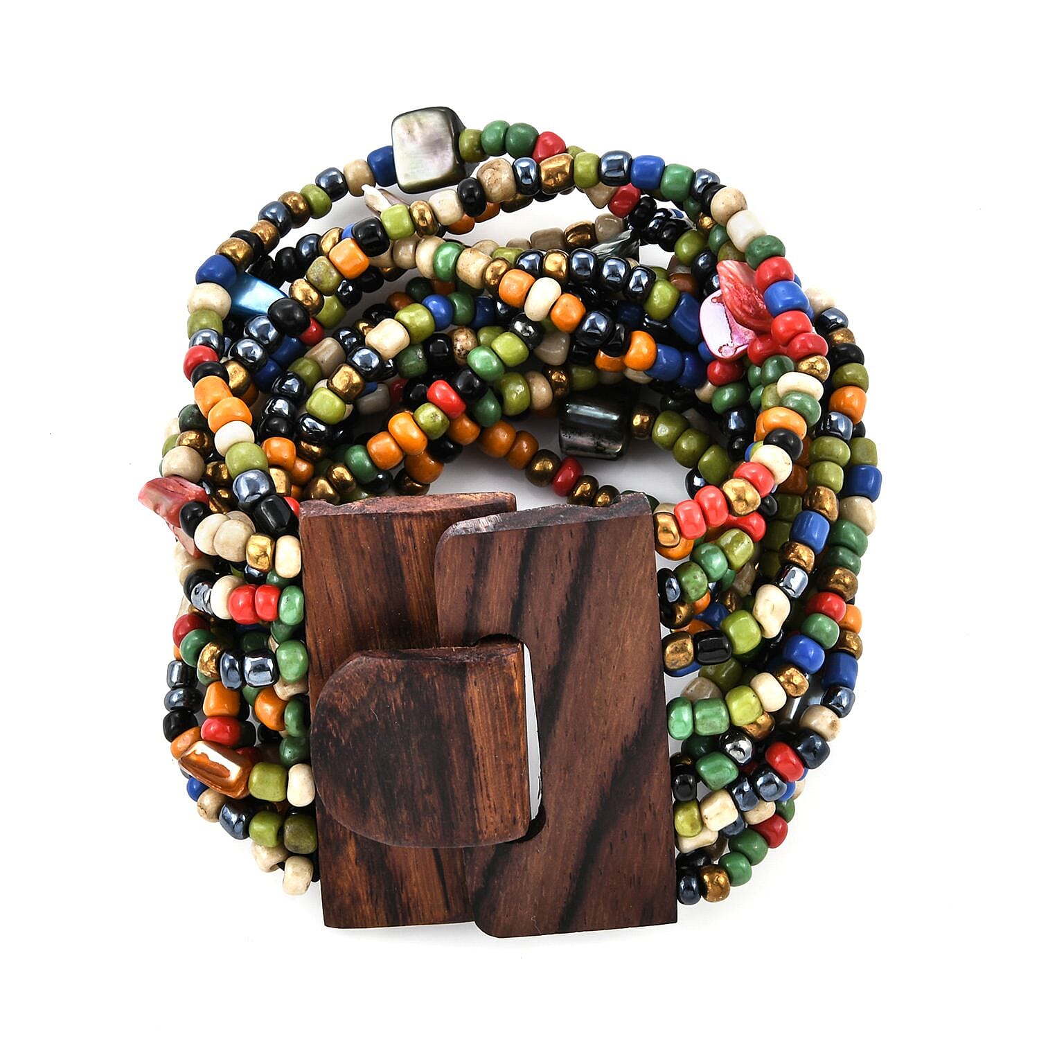 Multi Seed Bead Layered Necklace  (18 Inches), Wooden Buckle Stretch Bracelet