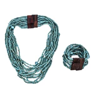 Turquoise Color Seed Bead and Wooden Buckle Stretch Bracelet and Multi Strand Necklace 18 Inches
