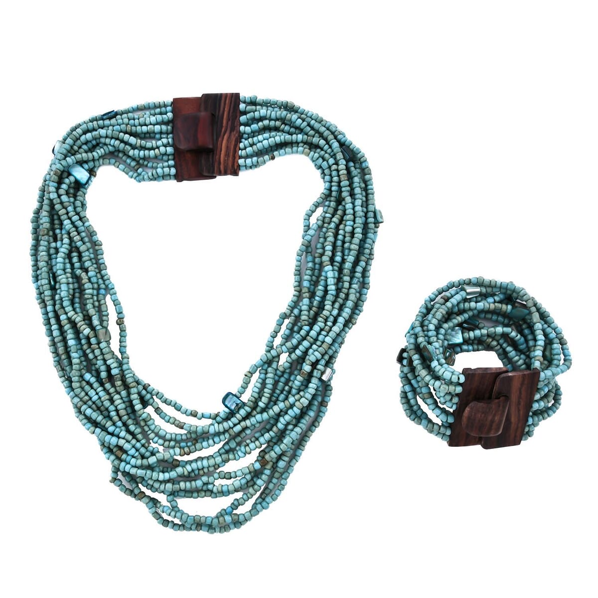 Turquoise Seed Bead and Wooden Buckle Stretch Bracelet and Multi Strand Necklace 18 Inches image number 0