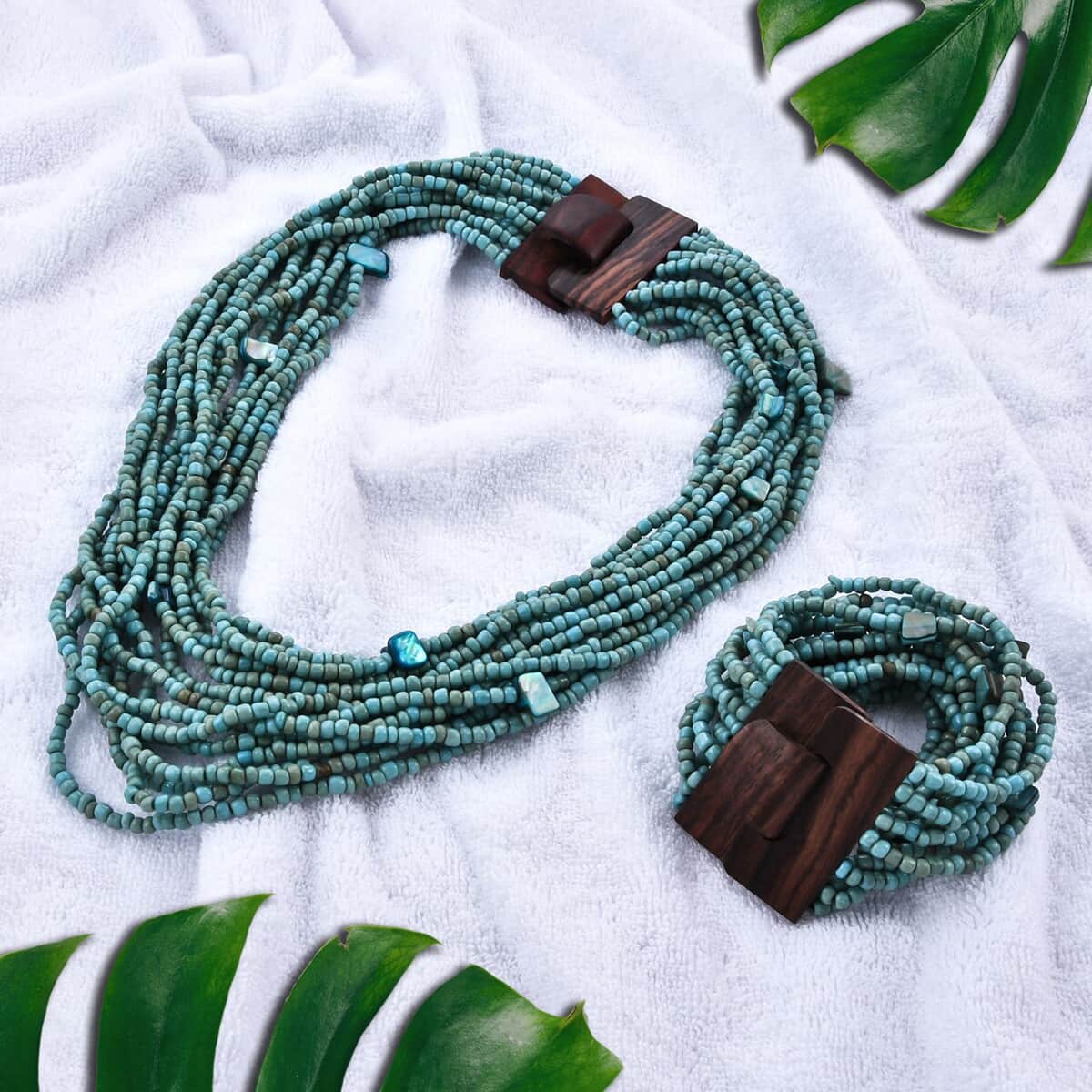 Turquoise Color Seed Bead and Wooden Buckle Stretch Bracelet and Multi Strand Necklace 18 Inches image number 1
