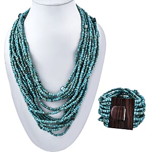 Turquoise Color Seed Bead and Wooden Buckle Stretch Bracelet and Multi Strand Necklace 18 Inches
