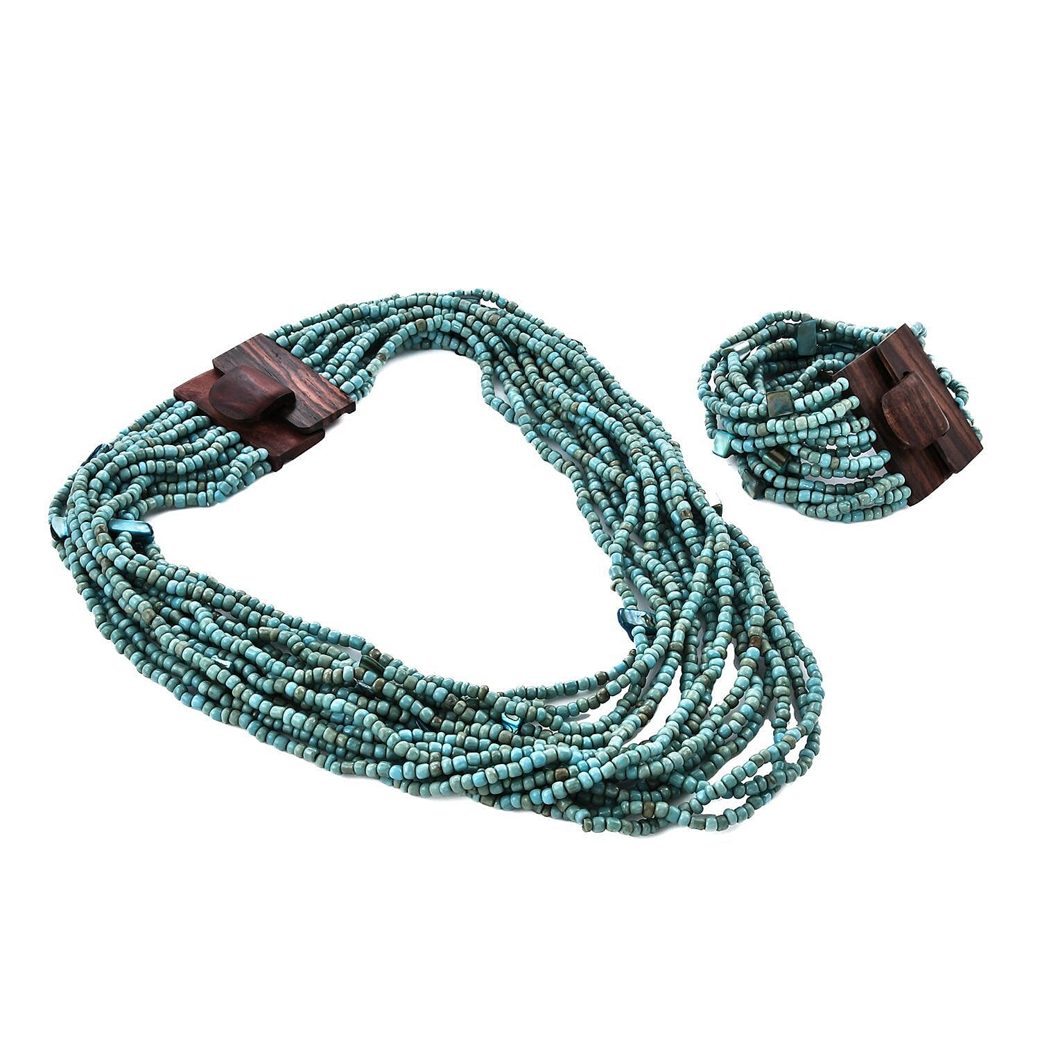 Turquoise Color Seed Bead and Wooden Buckle Stretch Bracelet and Multi Strand Necklace 18 Inches
