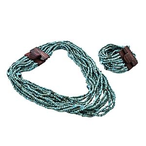 Turquoise Color Seed Bead and Wooden Buckle Stretch Bracelet and Multi Strand Necklace 18 Inches