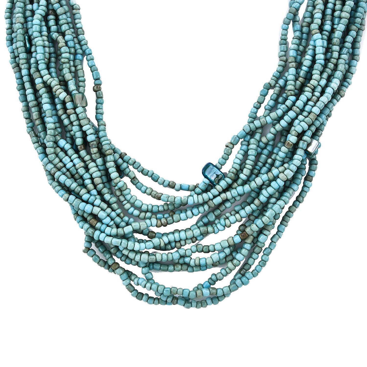 Turquoise Color Seed Bead and Wooden Buckle Stretch Bracelet and Multi Strand Necklace 18 Inches