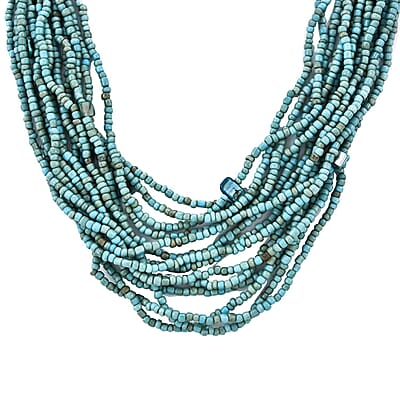 Turquoise Color Seed Bead and Wooden Buckle Stretch Bracelet and Multi Strand Necklace 18 Inches