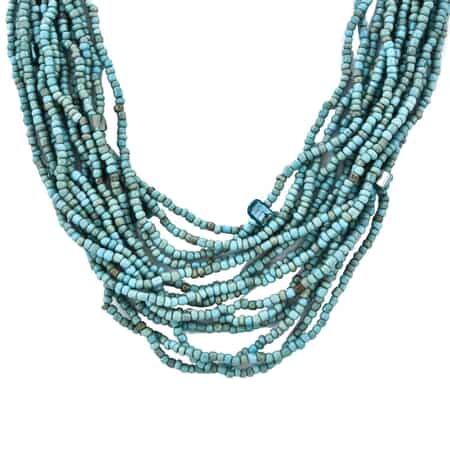 Turquoise Color Seed Bead and Wooden Buckle Stretch Bracelet and Multi Strand Necklace 18 Inches image number 4