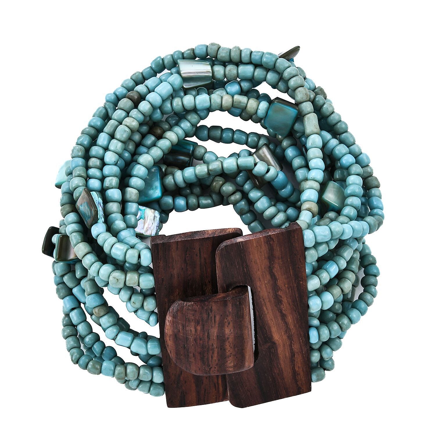 Turquoise Color Seed Bead and Wooden Buckle Stretch Bracelet and Multi Strand Necklace 18 Inches