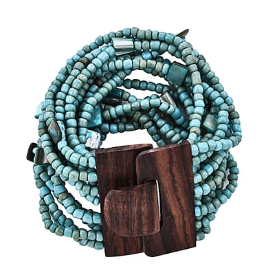 Turquoise Color Seed Bead and Wooden Buckle Stretch Bracelet and Multi Strand Necklace 18 Inches