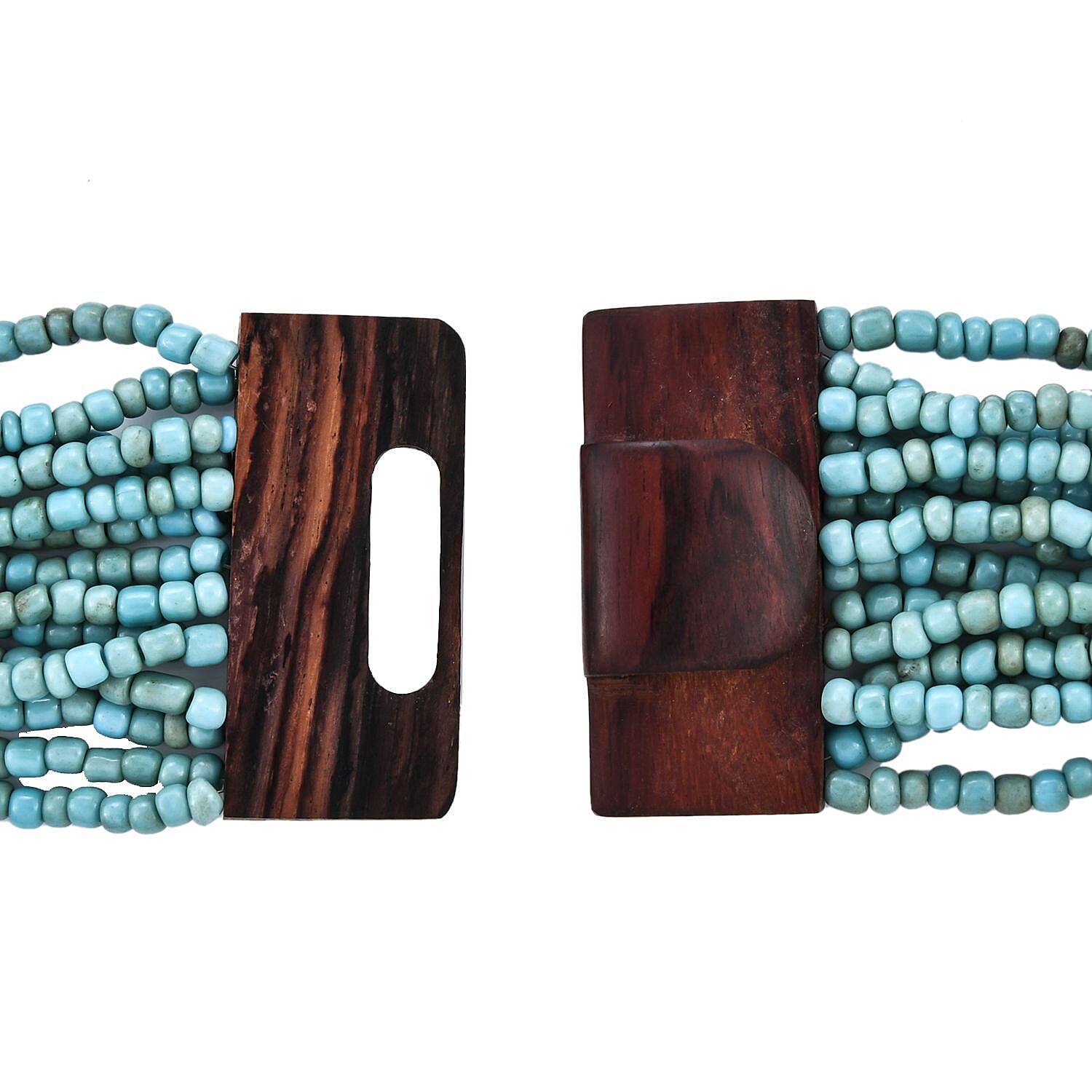 Turquoise Color Seed Bead and Wooden Buckle Stretch Bracelet and Multi Strand Necklace 18 Inches