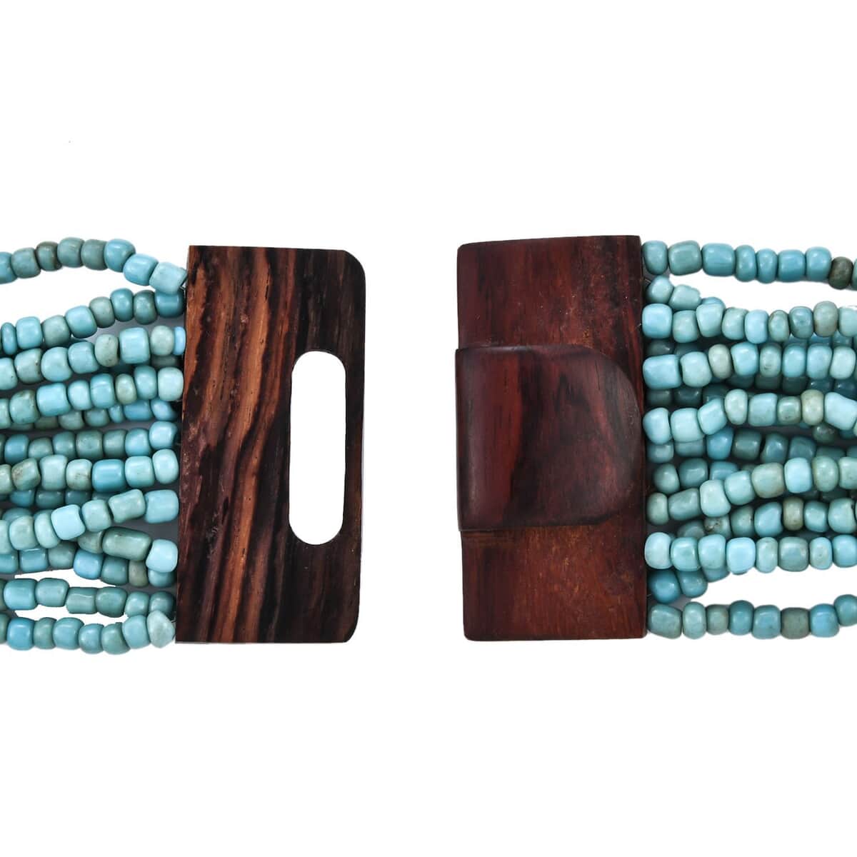 Turquoise Color Seed Bead and Wooden Buckle Stretch Bracelet and Multi Strand Necklace 18 Inches image number 6