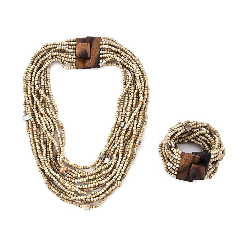 Cream Seed Beaded and Wooden Buckle Stretch Bracelet and Multi Strand Necklace 18 Inches