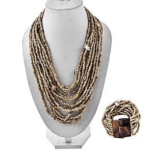 Cream Seed Beaded and Wooden Buckle Stretch Bracelet and Multi Strand Necklace 18 Inches