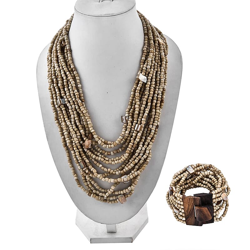 Cream Seed Beaded and Wooden Buckle Stretch Bracelet and Multi Strand Necklace 18 Inches