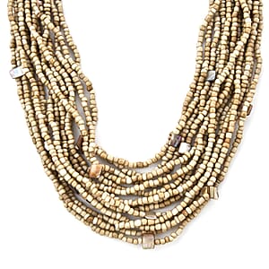 Cream Seed Beaded and Wooden Buckle Stretch Bracelet and Multi Strand Necklace 18 Inches