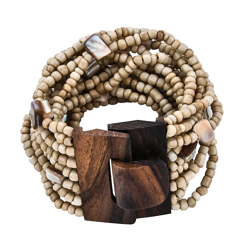 Cream Seed Beaded and Wooden Buckle Stretch Bracelet and Multi Strand Necklace 18 Inches