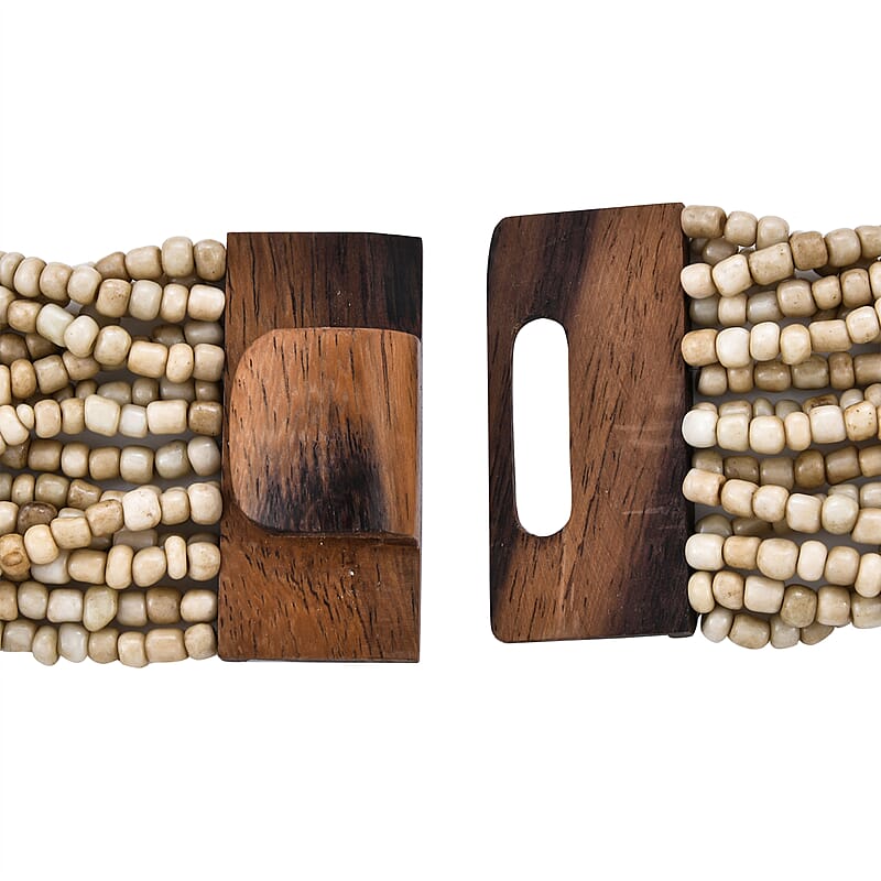 Cream Seed Beaded and Wooden Buckle Stretch Bracelet and Multi Strand Necklace 18 Inches