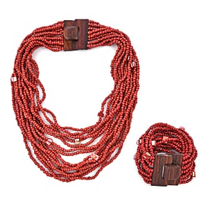 Red Seed Beaded and Wooden Buckle Stretch Bracelet and Multi Strand Necklace 18 Inches