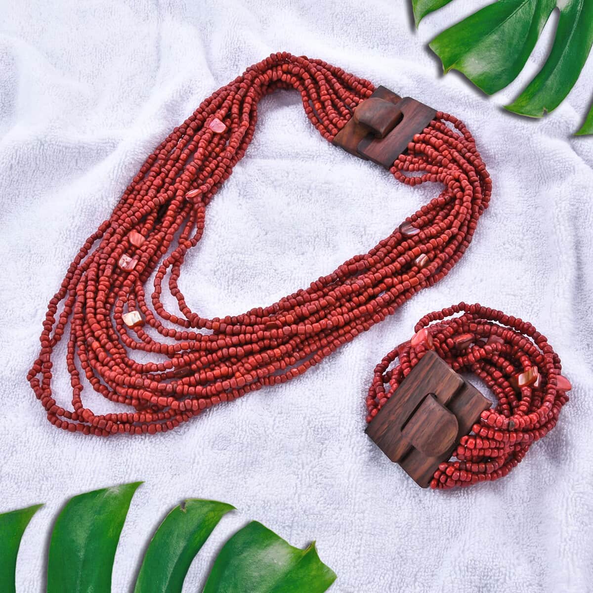Red Seed Beaded and Wooden Buckle Stretch Bracelet and Multi Strand Necklace 18 Inches image number 1