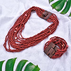 Red Seed Beaded and Wooden Buckle Stretch Bracelet and Multi Strand Necklace 18 Inches