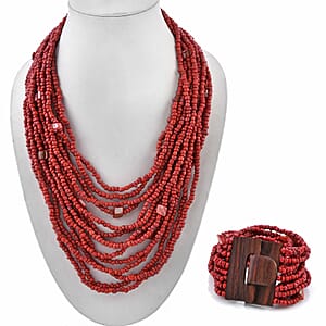 Red Seed Beaded and Wooden Buckle Stretch Bracelet and Multi Strand Necklace 18 Inches
