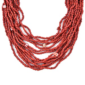 Red Seed Beaded and Wooden Buckle Stretch Bracelet and Multi Strand Necklace 18 Inches