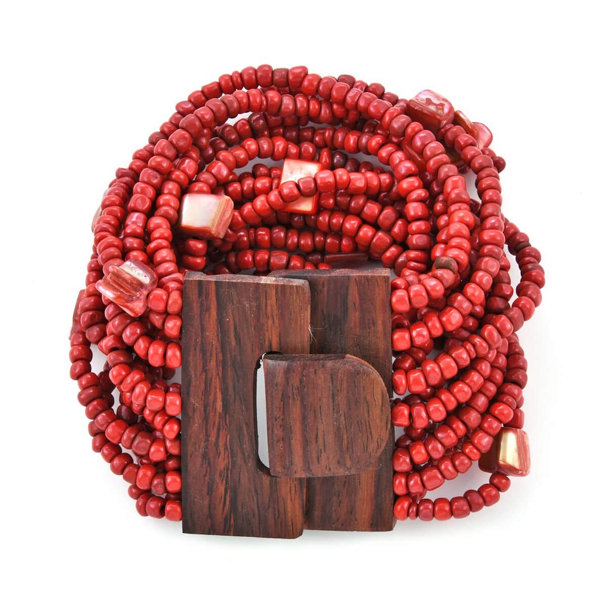 Red Seed Beaded and Wooden Buckle Stretch Bracelet and Multi Strand Necklace 18 Inches image number 4