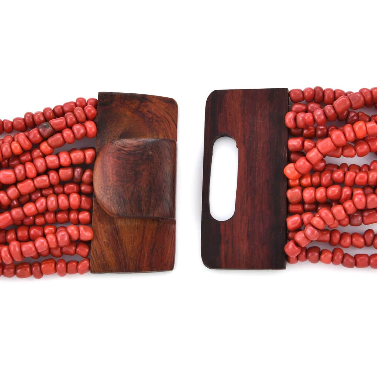 Red Seed Beaded and Wooden Buckle Stretch Bracelet and Multi Strand Necklace 18 Inches image number 5