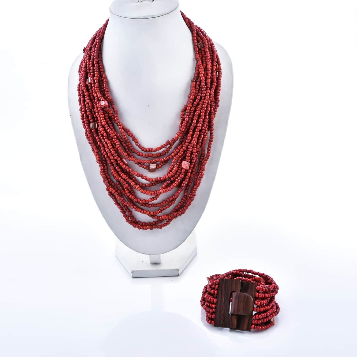 Red Seed Beaded and Wooden Buckle Stretch Bracelet and Multi Strand Necklace 18 Inches image number 6