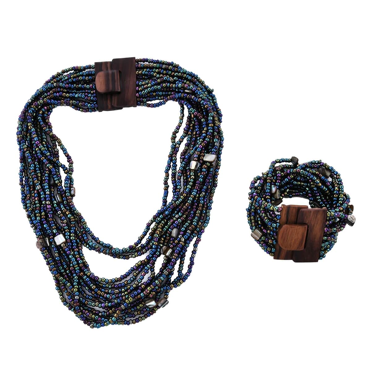 Peacock Seed Bead and Wooden Buckle Stretch Bracelet and Multi Strand Necklace 18 Inches image number 0