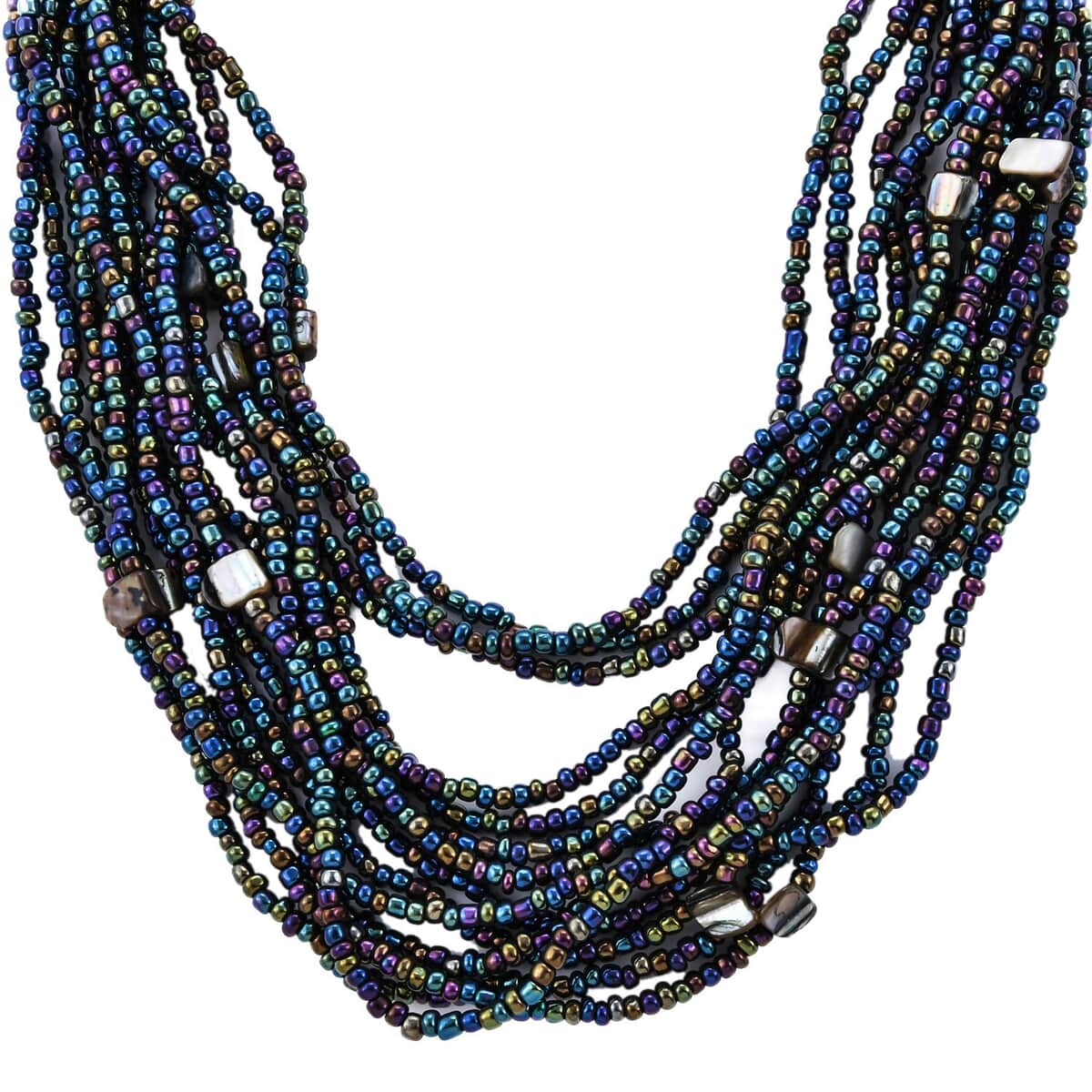 Peacock Seed Bead and Wooden Buckle Stretch Bracelet and Multi Strand Necklace 18 Inches image number 4