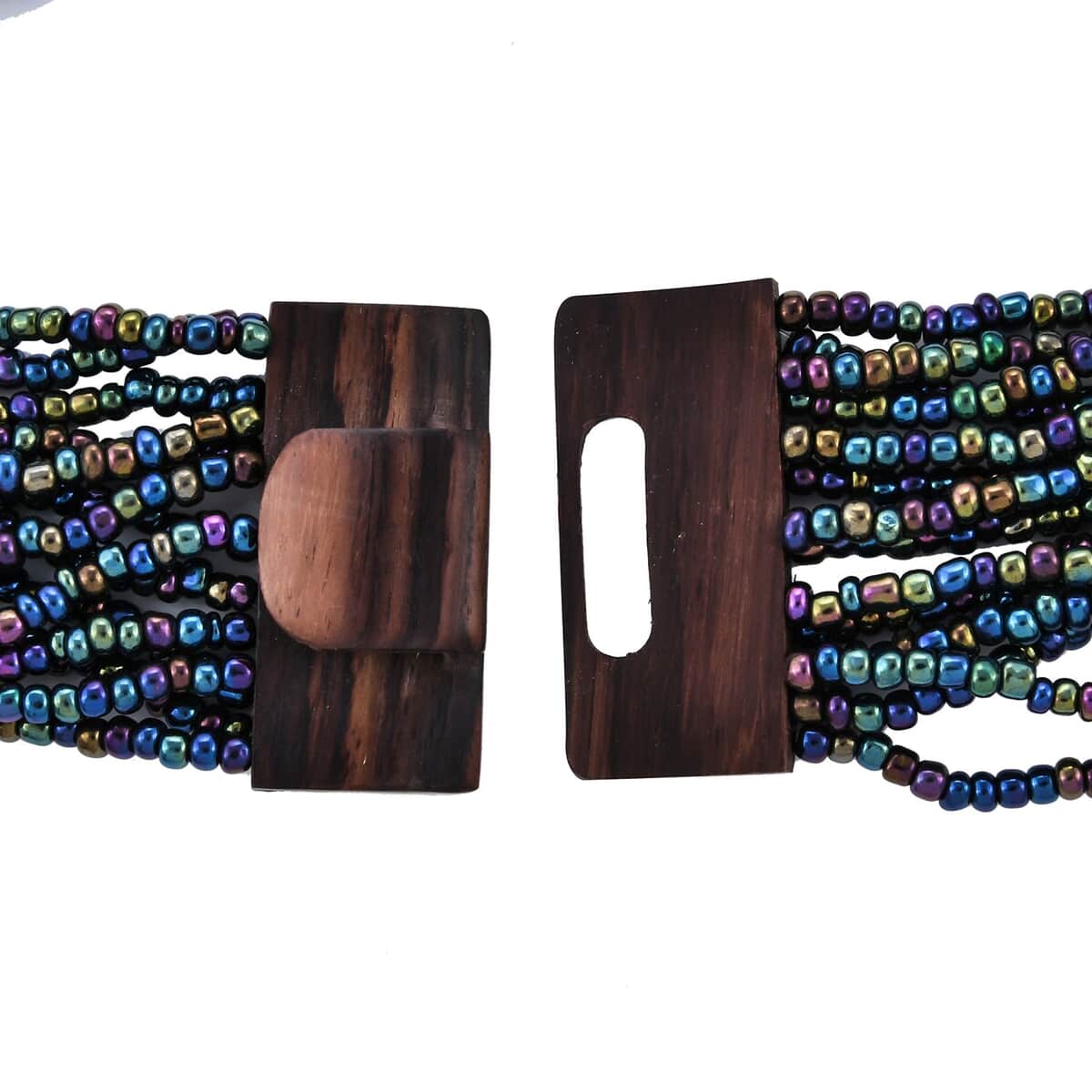 Peacock Seed Bead and Wooden Buckle Stretch Bracelet and Multi Strand Necklace 18 Inches image number 6