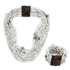 White Seed Beaded and Wooden Buckle Stretch Bracelet and Multi Strand Necklace 18 Inch