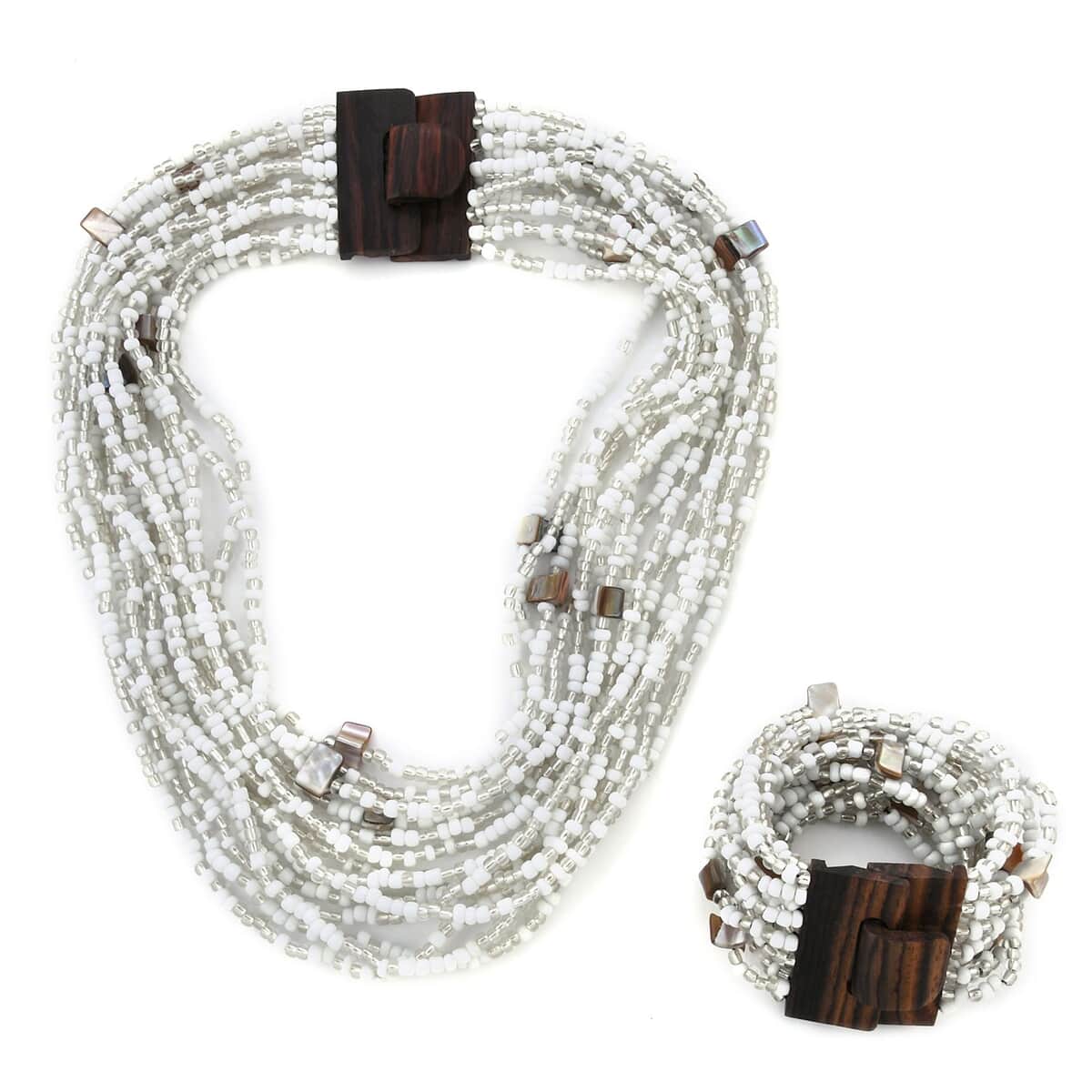 White Seed Beaded and Wooden Buckle Stretch Bracelet and Multi Strand Necklace 18 Inch image number 0