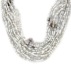 White Seed Beaded and Wooden Buckle Stretch Bracelet and Multi Strand Necklace 18 Inch