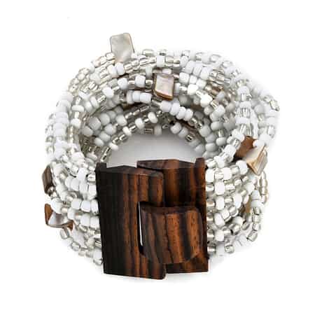 White Seed Beaded and Wooden Buckle Stretch Bracelet and Multi Strand Necklace 18 Inch image number 4