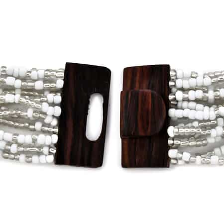 White Seed Beaded and Wooden Buckle Stretch Bracelet and Multi Strand Necklace 18 Inch image number 6
