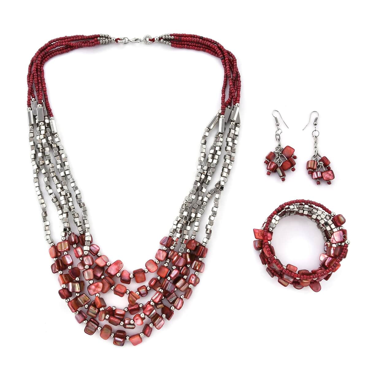 Red Shell and Seed Beaded Earrings and Wrap Bracelet and Multi Strand Necklace 22 Inches in Stainless Steel image number 0