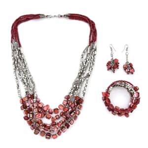 Red Shell and Seed Beaded Earrings and Wrap Bracelet and Multi Strand Necklace 22 Inches in Stainless Steel